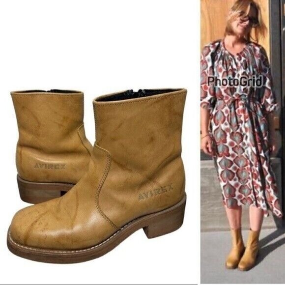 Vintage Avirex 70s Tan Square Toes Leather Chunky Ankle Boots Size 8.5 - Picture 1 of 10